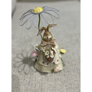 Whimsical Bunny Figurine Holding Daisy Umbrella